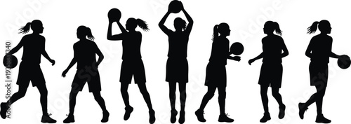 Silhouette of female basketball players, dribbling, shooting, passing, dynamic sports action, athletic teamwork, women athletes, vector illustration, black white sports art
