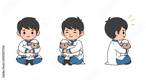 A cheerful cartoon boy in traditional attire is depicted in three poses each tenderly cradling a small woolly sheep on a pristine white backdrop, Generative AI