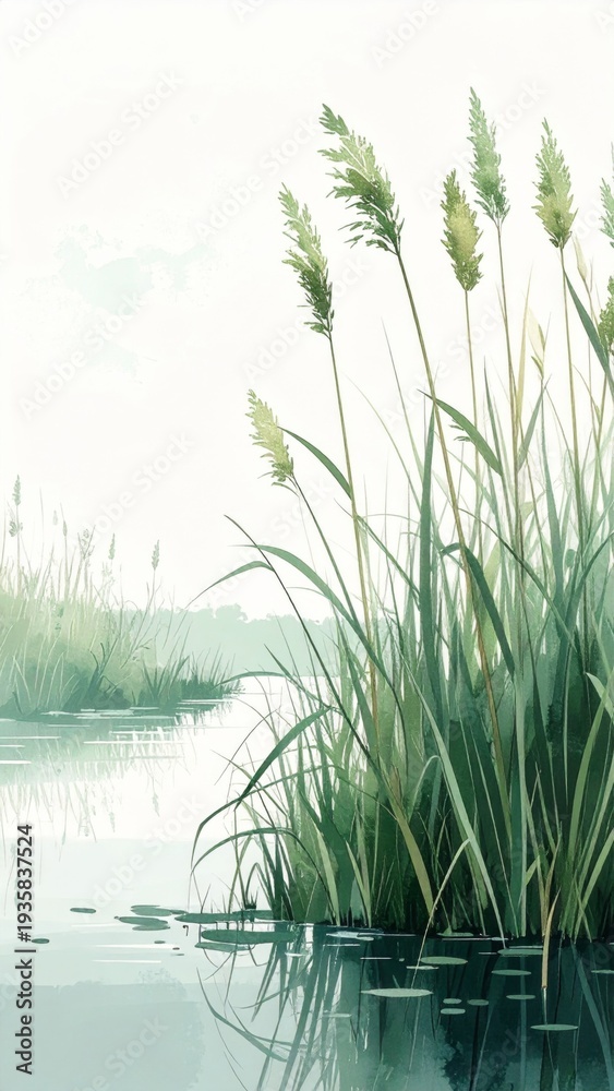 Obraz premium Watercolor Painting of Marsh Grass Along Calm Water with Reflections