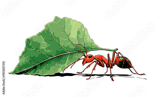 Red ant carrying a large green leaf over its back, symbolizing hard work and determination