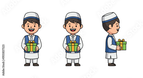 Three identical cartoon boys dressed in traditional white and blue attire are shown in front and side profiles each happily presenting a festive green gift box, Generative AI