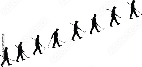 Silhouette of golfers walking uphill, carrying golf clubs, outdoor sports scene, dynamic movement, black white art, athletic lifestyle, vector illustration, design reference