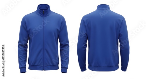 Blue Zip Up Jacket Mockup Front and Back View Isolated on White Background
