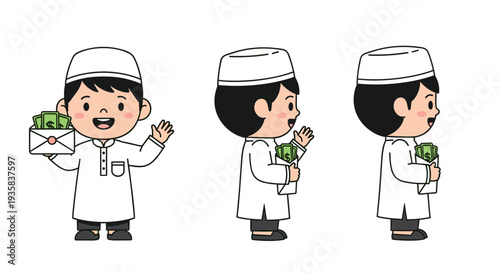 Three identical cartoon boys wearing white thobes and kufis hold open envelopes filled with green banknotes while waving against a plain white background, Generative AI