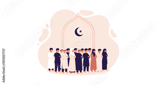A diverse group of Muslim men and women stands in a line performing prayer against a soft abstract background with a mosque arch and crescent moon symbol, Generative AI