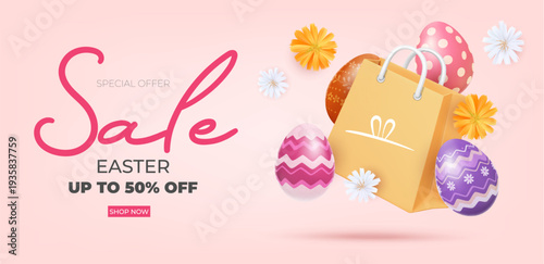 Easter Sale Banner with Eggs and Bag