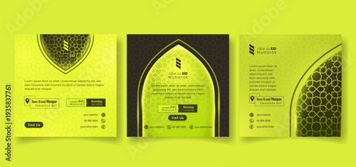 Social media post template in neon green and black background islamic background for eid mubarak