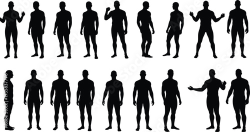 Silhouette of human figures, diverse standing and gesturing poses, artistic reference, animation design, body shape study, black white vector illustration