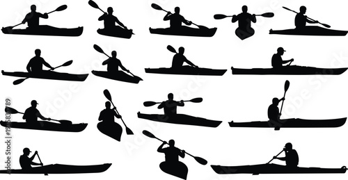 Silhouette of kayakers paddling in various positions, kayaking adventure illustration, water sports concept, outdoor recreation, paddle sport vector art design