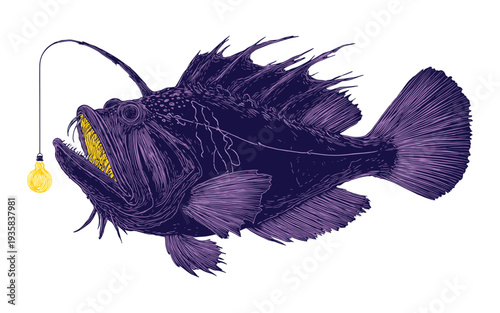 Deep sea anglerfish with a glowing light bulb lure, illustrated in a dark, mysterious style
