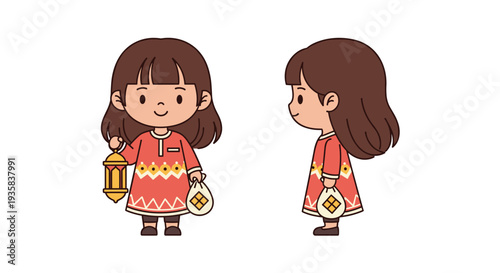 Two identical cartoon illustrations of a young girl in a red patterned dress one facing forward holding a golden lantern and bag and one in profile holding a bag, Generative AI