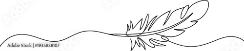An elegant single continuous line drawing capturing the delicate form of a graceful feather on a white background