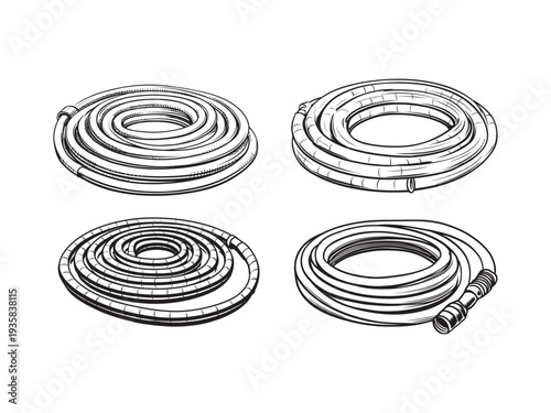 Collection of four coiled garden hoses in a hand-drawn sketch style
