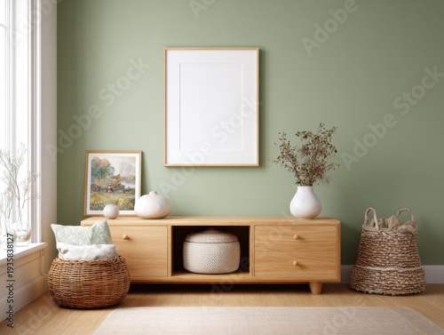 Minimalist living room with sage green walls. Wooden console table holds decorative items. Blank frame hangs above the table. Woven baskets sit beside the furniture