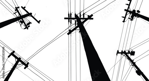Silhouette of multiple electric poles with power lines from low angle, electricity distribution black vector illustration on white background