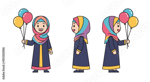 Three identical cartoon depictions of a young Muslim girl in a colorful hijab and abaya are holding balloons shown from different angles on a white background, Generative AI