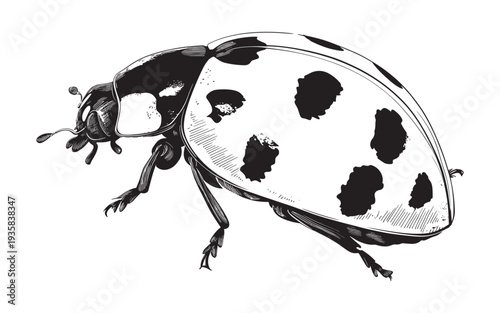 Detailed black and white illustration of a ladybug with many spots on a white background