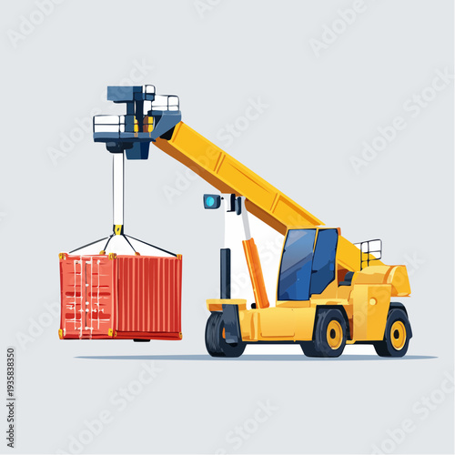 Massive shipping container handler loading containers at port, clean vector machinery detail