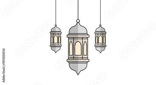 Three grey and beige ornate Islamic lanterns with glowing interiors hang vertically from thin lines against a stark white background, Generative AI