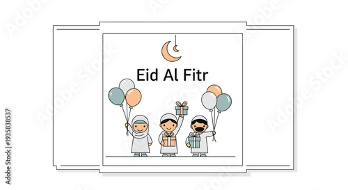 Three cartoon children two boys and a girl in white attire joyfully hold balloons and gift boxes framed by multiple borders with Eid Al Fitr text and a crescent moon, Generative AI