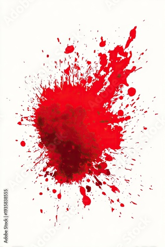Vivid, bright crimson spatter against stark white, resembling a bloodstain or splatter