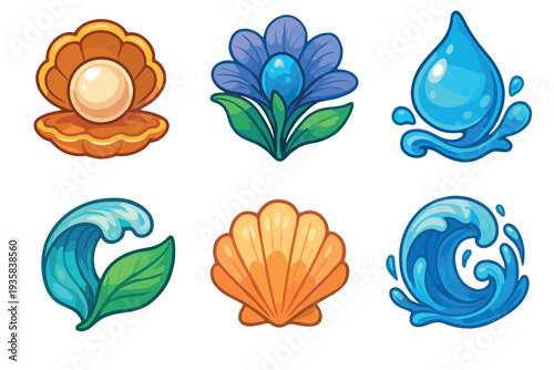 Set of six vibrant cartoon nature icons including an open oyster with a pearl, a seashell, a fantasy flower, a splashing water drop, and stylized ocean waves