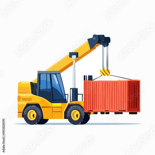 Massive shipping container handler loading containers at port, clean vector machinery detail
