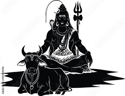 "Black and White Shiva with Nandi Meditative Illustration for Hindu Iconography, Spiritual Art, and Cultural Education Projects"