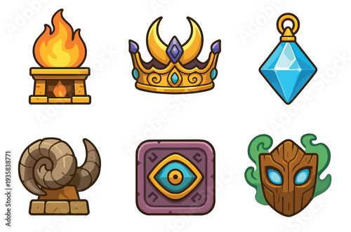 Set of six fantasy game icons featuring a magical crown, a flaming altar, a crystal gem, a ram horn, an ancient tablet, and a wooden tribal mask for an RPG adventure quest