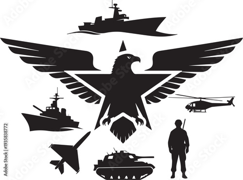 Military vector silhouette illustration set with eagle army vehicles and soldier black