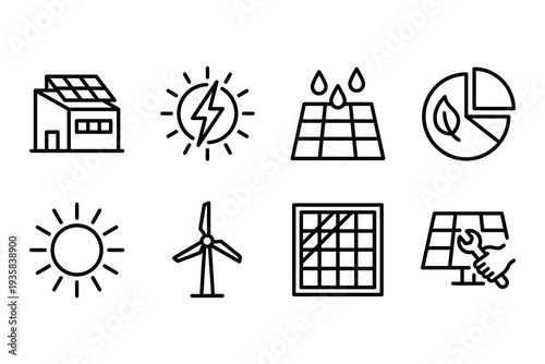 Set of eco-friendly energy icons: solar panels, wind turbine, sun, house, water drops, pie chart with leaf