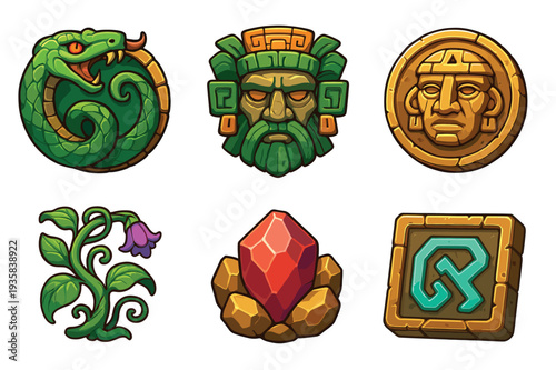 Set of six ancient civilization game icons including a coiled snake, a stone mask, a gold coin, a flowering plant, a red gem, and a symbol tablet in a detailed cartoon style
