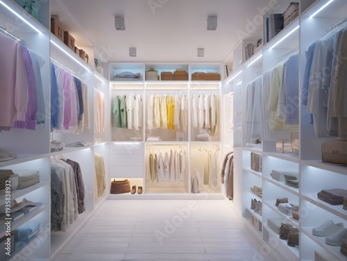 Minimalist walk-in closet with white shelves and soft lighting. Clothes hang neatly on racks and shelves. Shoes, bags, and accessories neatly displayed