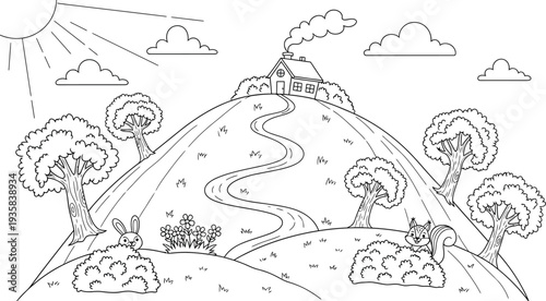A black and white illustration of a castle on a hill isolated on transparent background