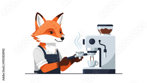 Anthropomorphic fox barista operating an espresso machine with a steaming cup