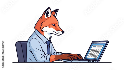 Anthropomorphic fox in business attire working on a laptop computer