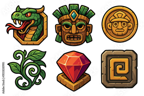 Collection of six ancient civilization game icons featuring a serpent, tribal mask, gold coin, red gem, jungle vine, and a carved stone tablet for a fantasy adventure UI