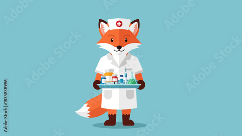 Anthropomorphic fox nurse in white uniform holds a tray of medical supplies