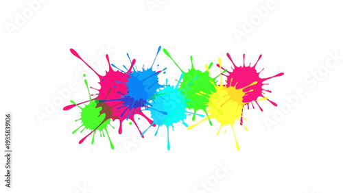 Brightly colored paint splatters arranged horizontally on a white background