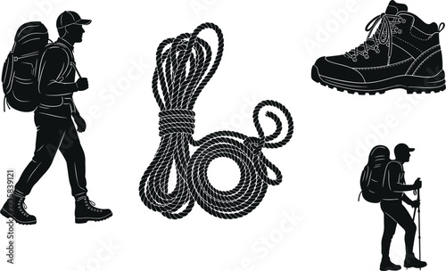 Hiking and climbing gear silhouette vector set, backpacker hiker, mountain rope and trekking boot icons, outdoor adventure equipment illustration
