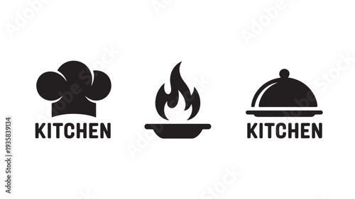 Kitchen Icons Set With Chef Hat, Flame And Covered Dish On White Background For Culinary Concepts