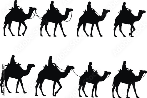 Camel rider silhouette set showing desert caravan travel, traditional Middle Eastern culture, nomadic journey, isolated black vector illustration white background