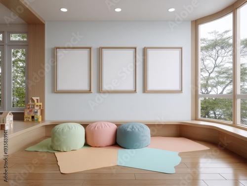 Minimalist room with three empty picture frames. Soft pastel cushions sit on wooden floor. Large windows let in natural daylight. Wooden platform and floorboards add warmth