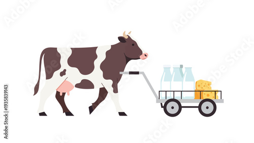 Brown and white cow pulling a small cart with milk bottles and cheese