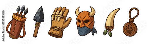 Set of cartoon fantasy warrior equipment including a quiver with arrows, a stone spearhead, a leather gauntlet, a horned helmet, a tusk, and a paw print amulet in a row