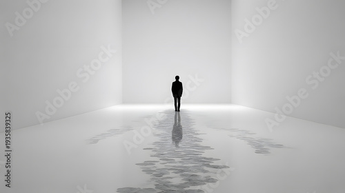 Lone figure: An evocative minimalist composition of a solitary figure standing in a vast, empty space, conveying themes of isolation, introspection, and the human condition.