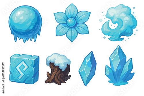 Set of fantasy ice game assets featuring a melting sphere, crystal flower, water splash, runic stone, snowy stump, and gems for a magical RPG user interface or illustration