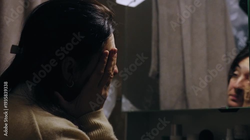 Woman rubbing tired face while looking at reflection in bathroom mirror, late evening fatigue and quiet anxiety about aging after long day