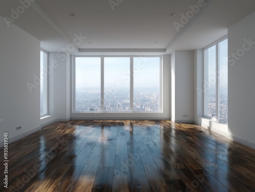 Empty room with polished hardwood floors. Large windows frame a distant city skyline. Natural light illuminates the minimalist interior. Clean white walls reflect the bright daylight