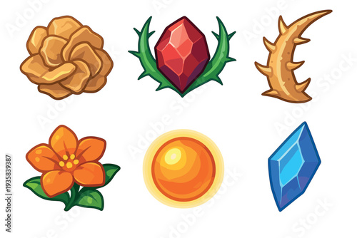 Collection of colorful fantasy game icons featuring gems, flowers, a glowing orb, and a thorny vine, illustrated in a vibrant cartoon style for user interface design